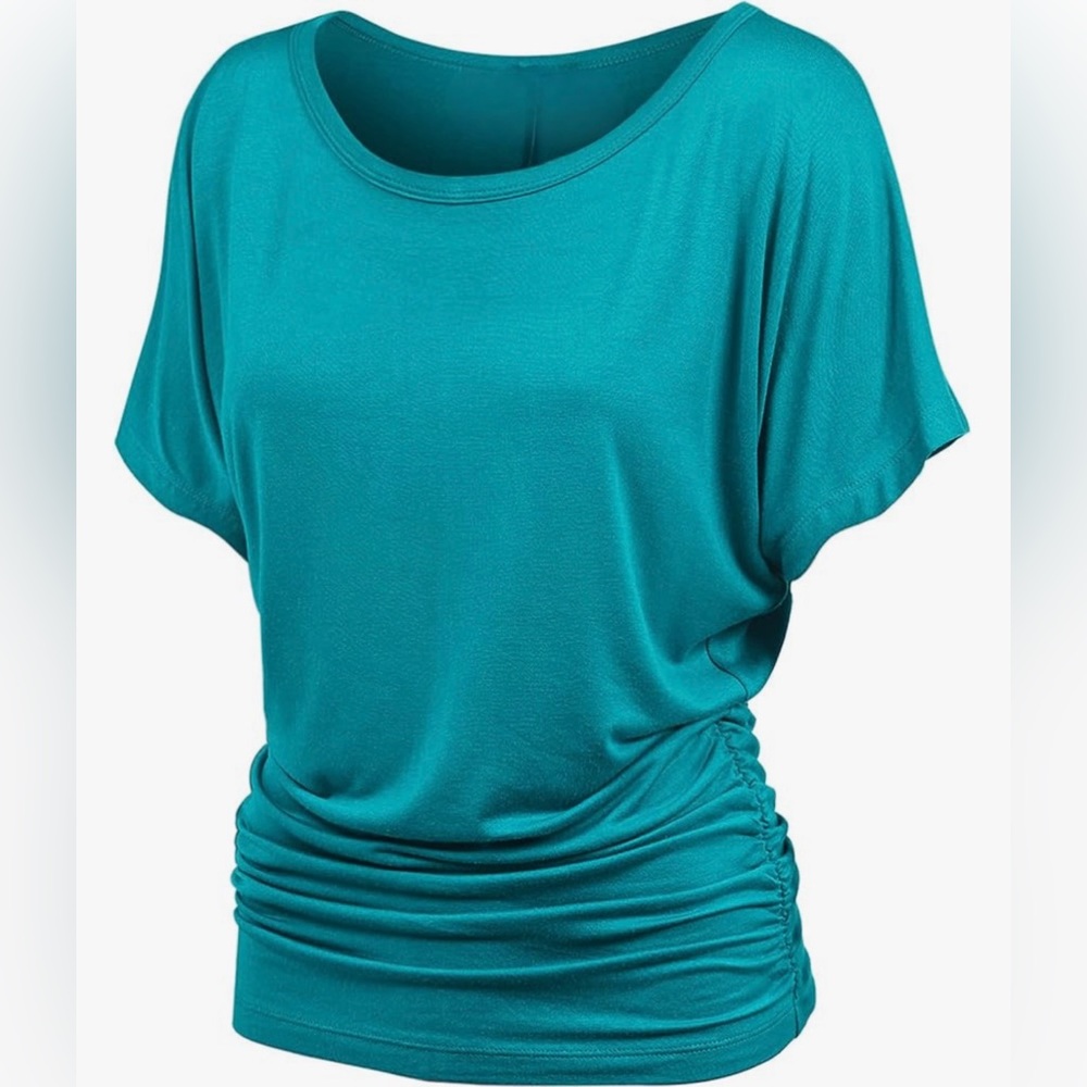 Casual Solid Short Sleeve Boat Neck Dolman Top with Side Shirring -jade